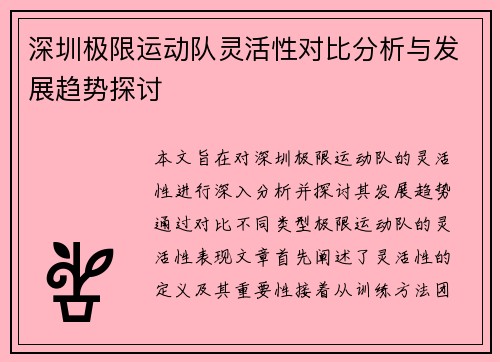 深圳极限运动队灵活性对比分析与发展趋势探讨